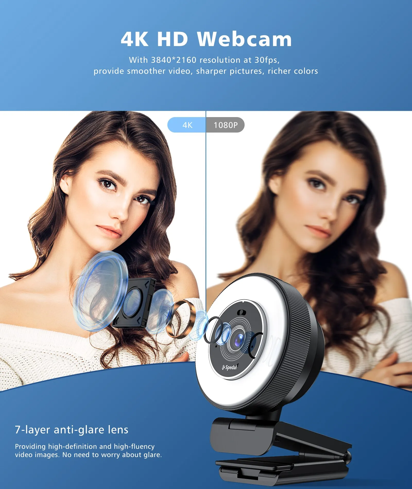 Spedal AF966 HD Webcam 4k 30fps with Adjustable Ring Light and Microphone, Autofocus Webcam with Privacy Cover, Zoom Skyp