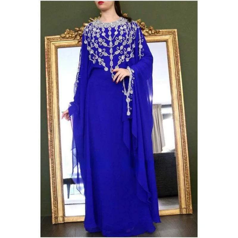 Elegant Kaftan Bell Sleeve Floor Length Dress Handmade Luxury Beaded Decoration Dubai Caftan Robe