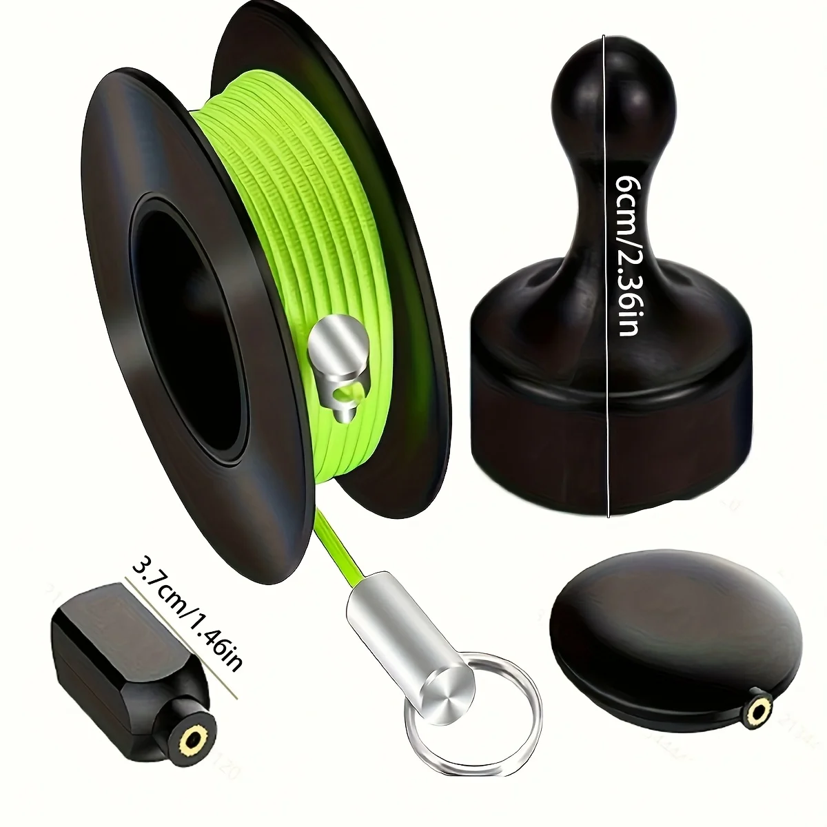 Magnetisches Drahtzieher-Werkzeug mit Nylonbeschichtetem Haken und flexibler grün-gelber Linie zum Einfädeln in Rohren, dunkle Linien, elektrische Arbeiten