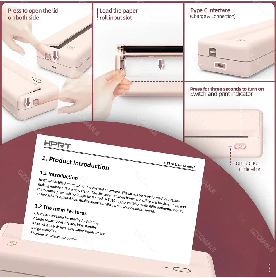GlowMartMini Printer A4 Size Portable Wireless Travel BT Thermal Printer HPRT MT810 Inkless Printing Compatible with iOS