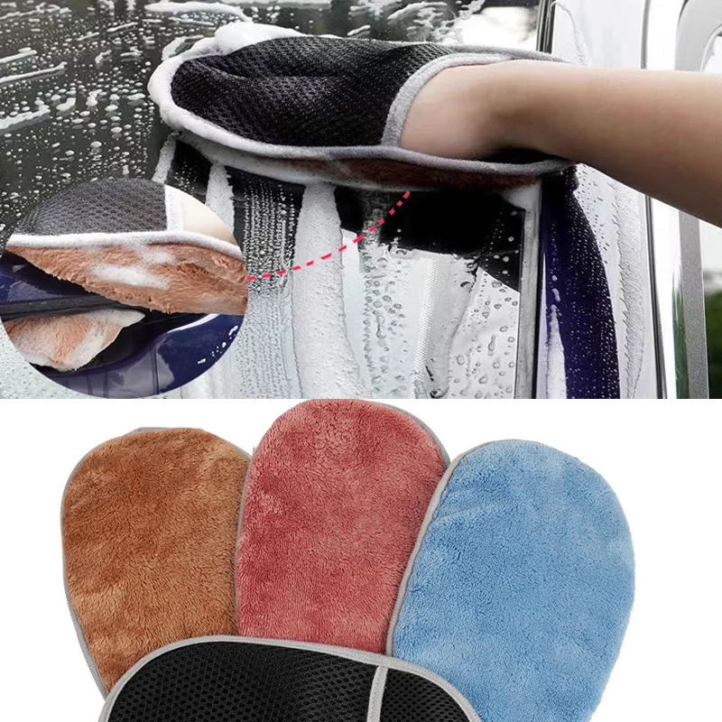 Soft Coral Fleece Car Wash Gloves Winter High Quality Multifunctional Automotive Cleaning Tools Supplies 1Pc Random Color