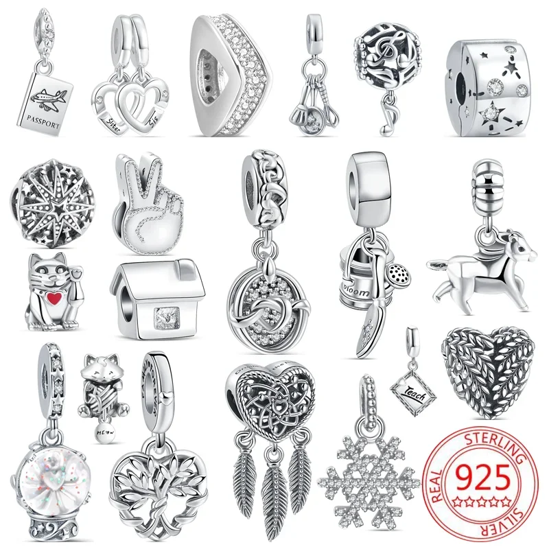

Fit Original Pandora Charms Bracelet DIY Jewelry 925 Sterling Silver Tree Crown Safety Chain Pendant Openwork Animal Angel Beads