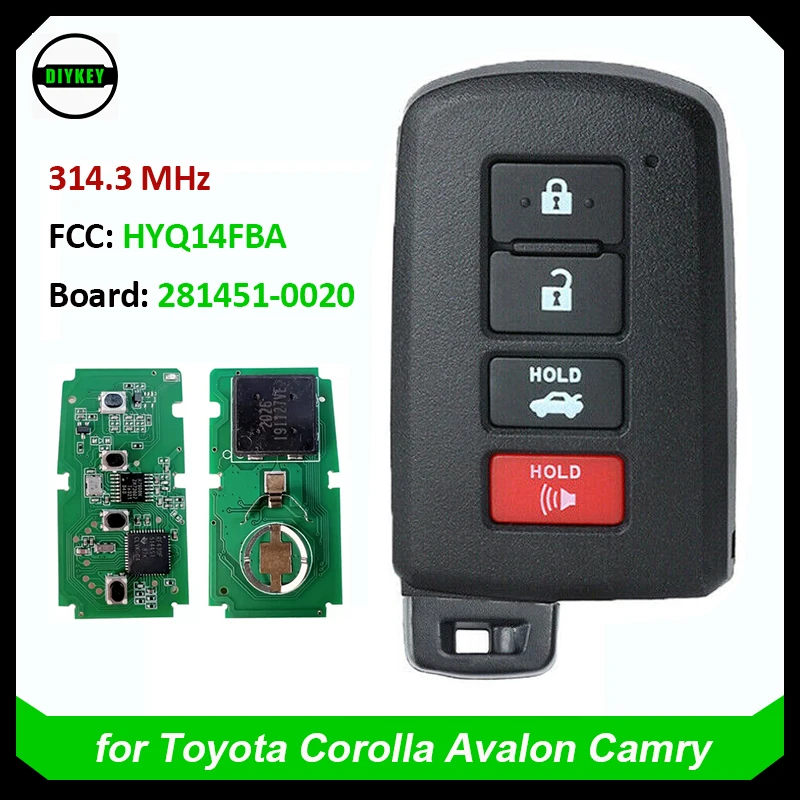 

DIYKEY 4 Button Keyless Smart Card Remote Key Fob 314.3MHz for Toyota Corolla Avalon Camry 281451-0020 G Board HYQ14FBA