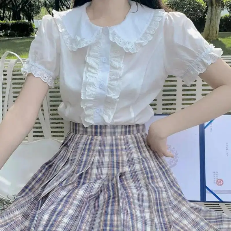 Lolita Blouses Summer XS-2XL Japanese Kawaii Lolita Blouse Shirt Sweet Small White New Fashionable Lace Short Sleeve Top for Women