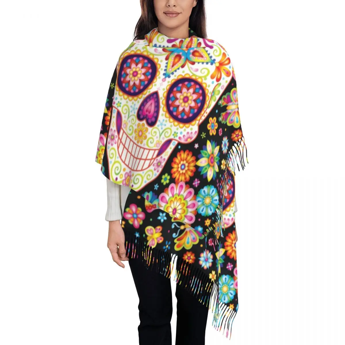 

Personalized Print Sugar Skull With Butterflies And Flower Scarf Women Men Winter Warm Scarves Day of the Dead Floral Shawl Wrap
