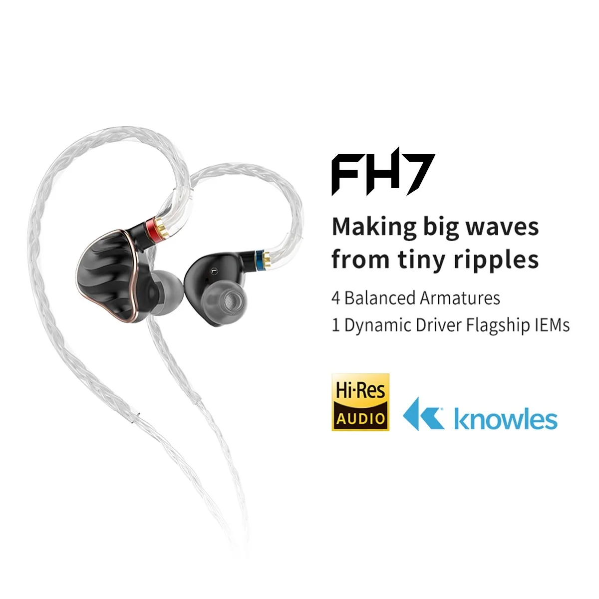 

New FH7 Earphones 4BA + 1 Dynamic Hires Earbuds,13.6mm dynamic driver Bass HiFi Earphone with High quality MMCX Cable