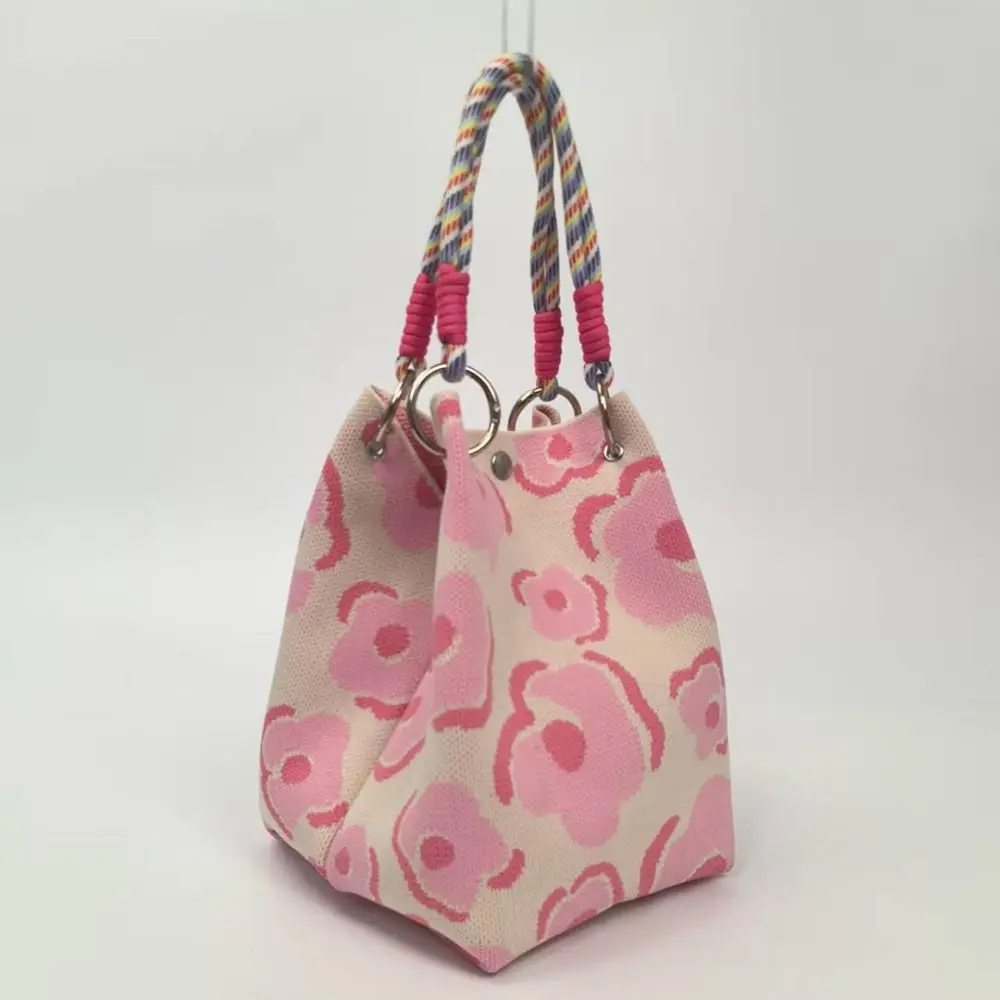 Modische Cartoon-Strick-Bucket-Bag, handgefertigt, große Kapazität, Handgelenktasche, gewebte Ringschnalle, Tragetasche für Damen und Mädchen – Detail 4