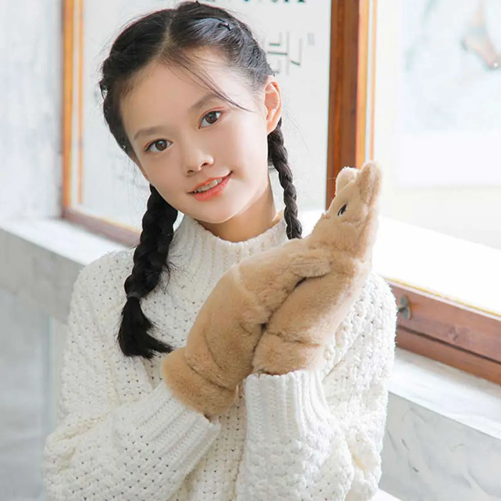 Kawaii Animals Fur Mittens Winter Warm Gloves for Children Kids Ear Flip Mitten Plush Glove Fingerless Thicken Glove Finger Gift