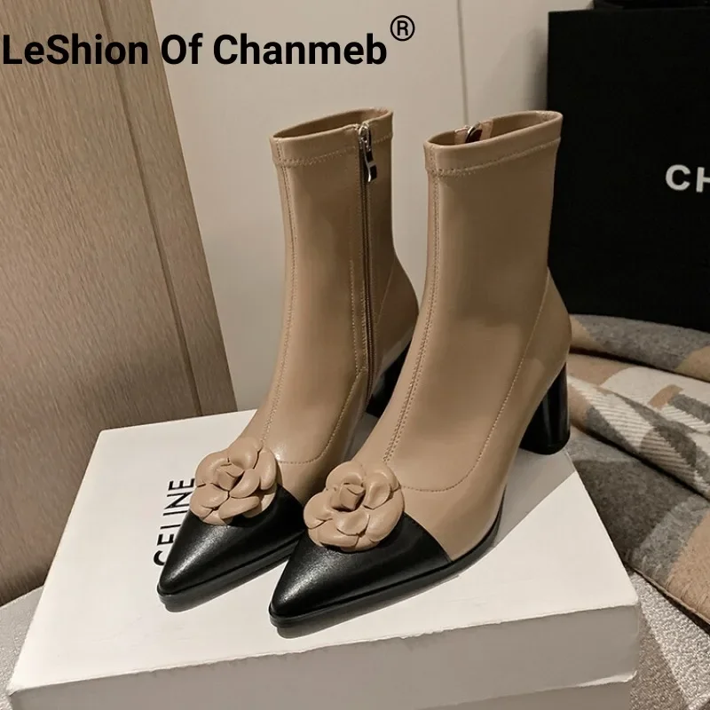 

LeShion Of Chanmeb Women Real Leather Boots Brand Luxury Flower Mix-color Stretch Boot Woman Winter Block High Heel Zipper Shoes