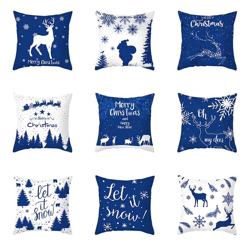 

Blue Christmas Cushion Cover Christmas Elk Snowflake Print Pillowcase Sofa Ornament Bedroom Home Decoration New Year Gift