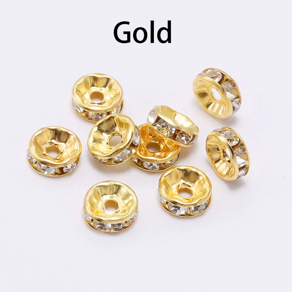 50Pcs/lot 4 6 8 10mm Metal Loose Rhinestone Spacer Beads Rondelles Crystal Bead For DIY Jewelry Making Supplies Accessories