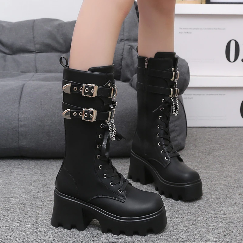 Plus Size 42 Goth Women Shoes 2023 New Women's Boots Chunky Heel Platform Middle Tube Motorcycle Boots Fashion Punk Party Shoes