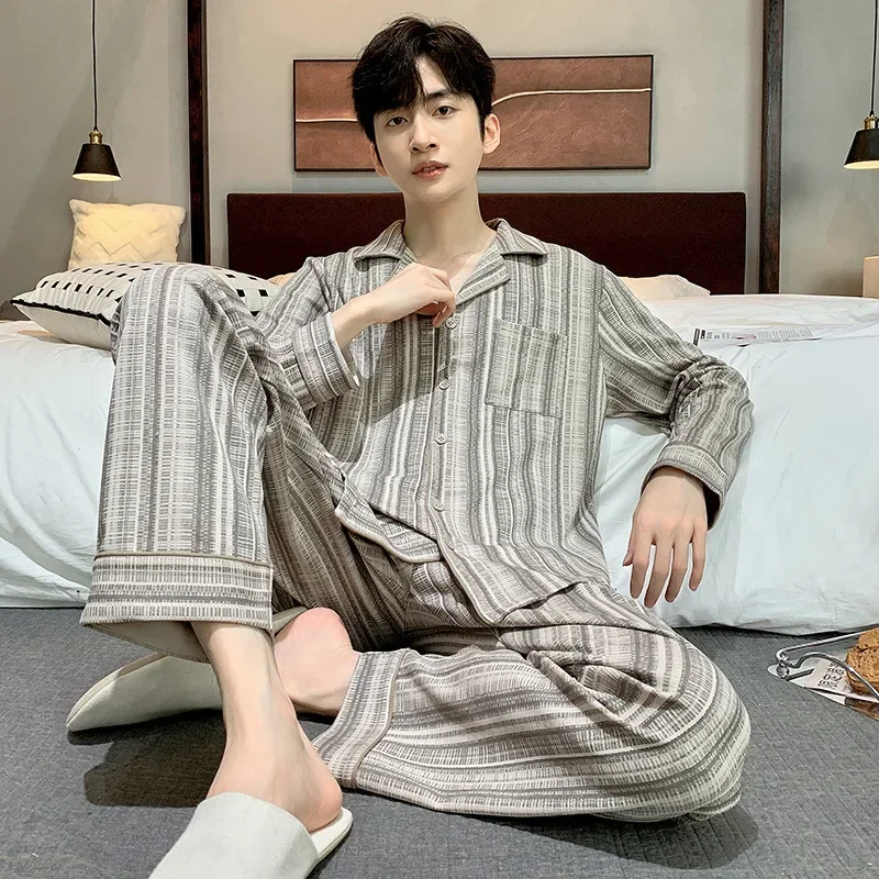 Men's Pajamas Cardigan V-neck Set Simple and Loose  Men's Home Clothes Can Be Worn Externally in Autumn and Winter