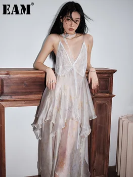 [EAM] Women Lace Perspective Irregular Elegant Long Party Dress New V-Neck Sleeveless Fashion Tide Spring Summer 2026 1DH7527 1