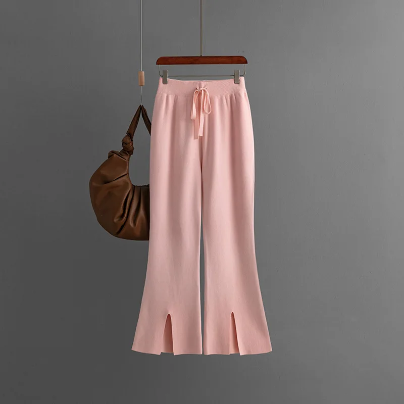 

Casual Loose Knitted Split Pants for Autumn/Winter Women Pant 2023 New Lace up Elastic High Waist Solid Slim Split Flare Pants