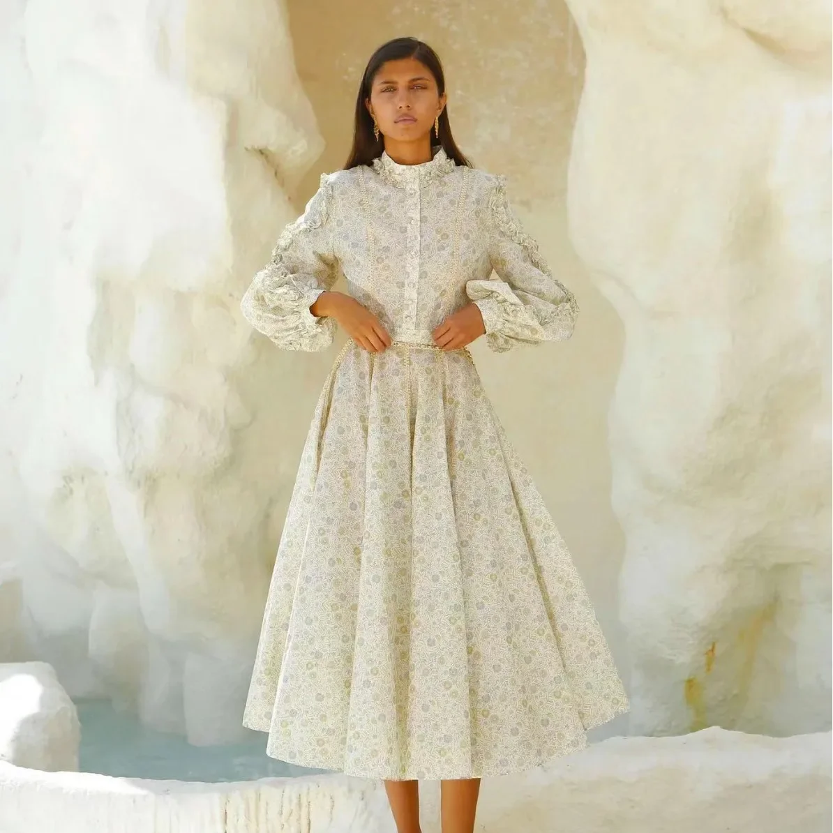 

WHYS 2024 Summer Stand up Neck Lantern Sleeves Single breasted Wooden Ear Edge Spliced Fragmented Flower Dress for Women dresses