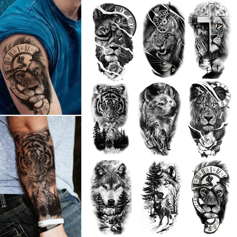 

Waterproof Temporary Tattoo Sticker Lion Leopard Tiger Wolf Rose Flash Transfer Tatto Women Men Arm Body Art Fake Tattoos