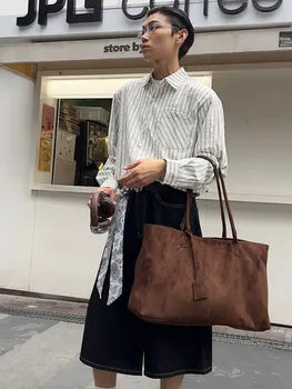 NIN Suede Leather Tote Bag Large Capacity Single Shoulder Handbag for Men And Women Underarm Hobo Backpack Hong Kong Style