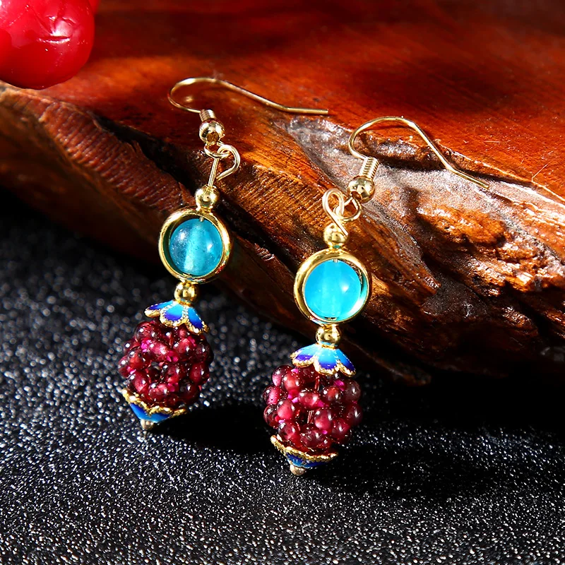 

Ethnic Style Retro Earrings Simple Cold Trendy Female Ear Drop Natural Crystal Agate Garnet Braided Hydrangea Earrings