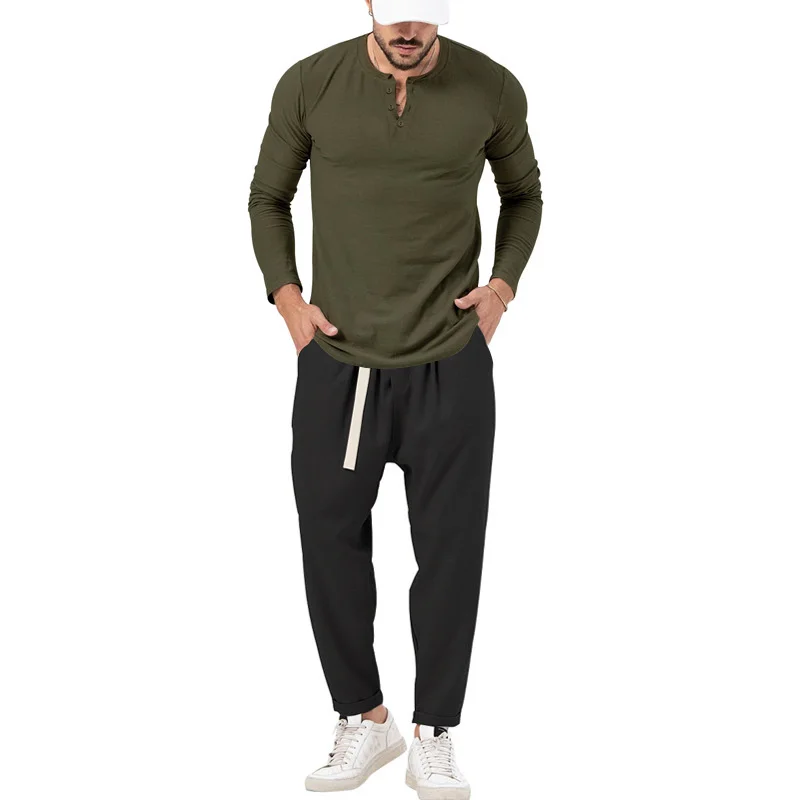 Autumn Henley Neck Long Sleeve Shirt Men Mature Style Suits Solid Color Lace-up Pocket Trousers Male Casual Two Piece Sets Pants