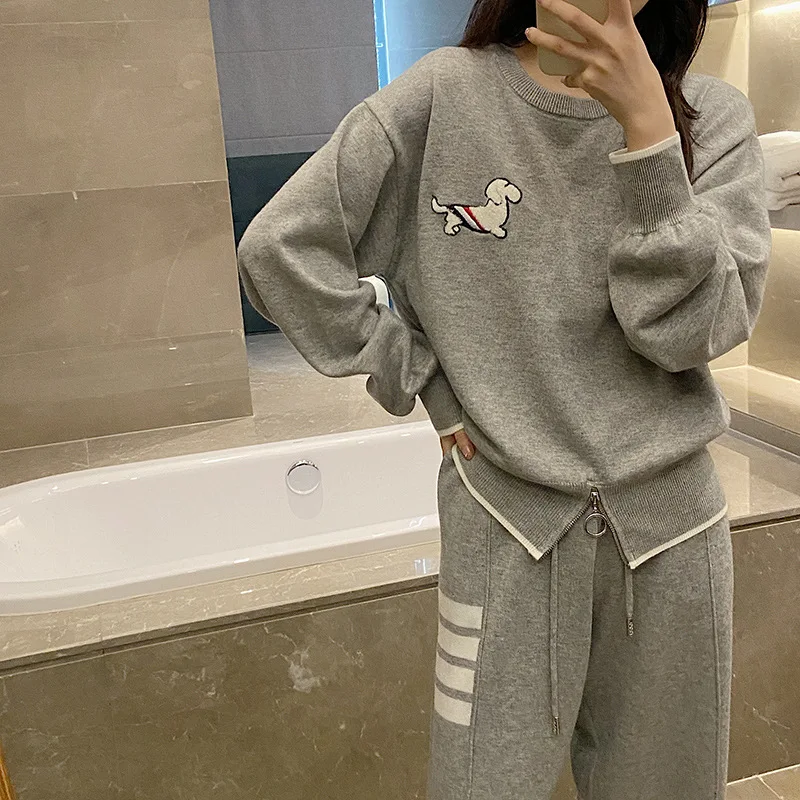 European Station TB Round Neck Puppy Pullover Sweatshirt Women's Elastic Waist Loose Slacks Sportswear Suit Women's Autumn