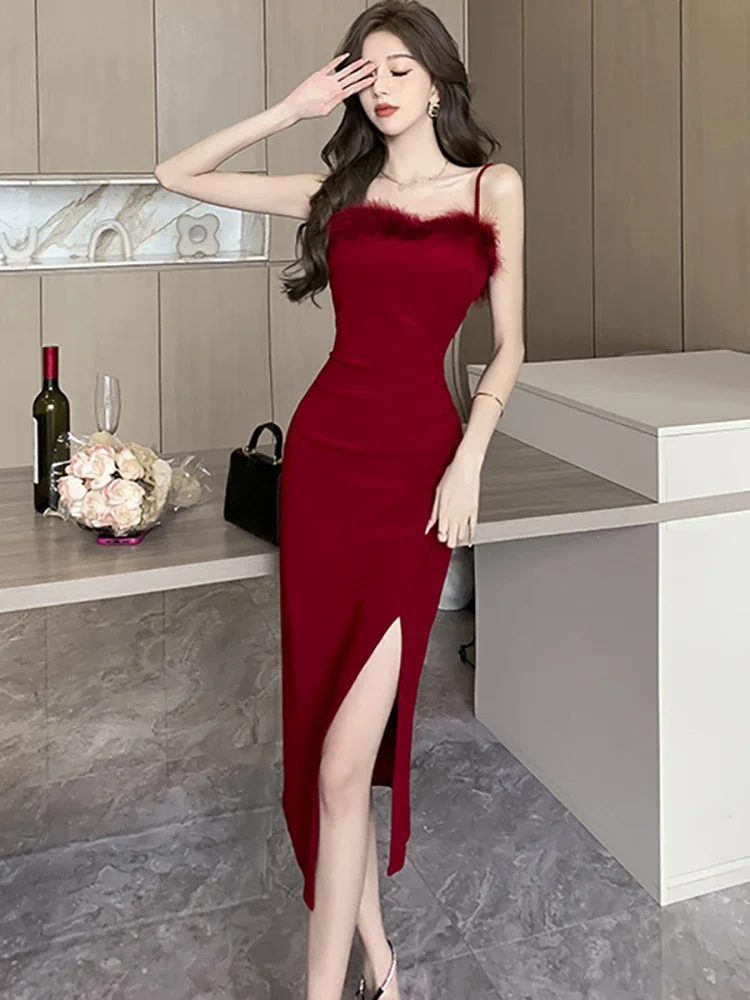 

Women Red Fashion Chic Flocking Sexy Sling Long Dress Autumn Winter Luxury Festival Dress 2023 Korean Elegant Bodycon Prom Dress