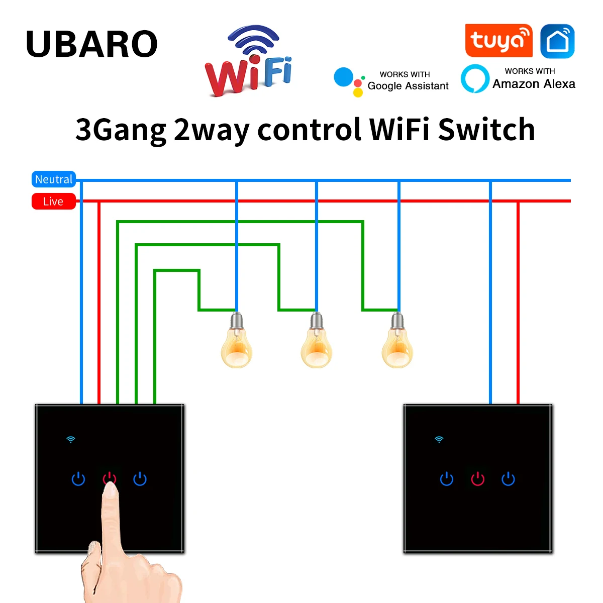 Умный сенсорный выключатель UBARO, ЕС стандарт, Wi-Fi, стеклянная панель, кнопка переключения, управление через приложение, голосовое управление, Alexa Google Home, 1 комплект, 2 канала