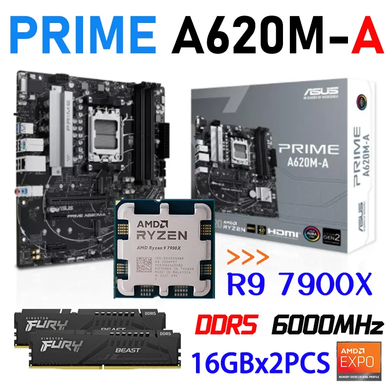 

ASUS PRIME A620M-A Mainboard PCI-E 4.0 AMD A620 Desktop+AMD Ryzen 9 7900X Processor CPU+Kingston RAM DDR5 6000MHz 16Gx2 EXPO NEW