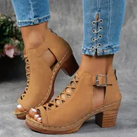 Sandales d'été élégantes pour femmes, talons épais compensés, talons hauts épais, bout ouvert, croix creuse, chaussures polyvalentes de mariage 5