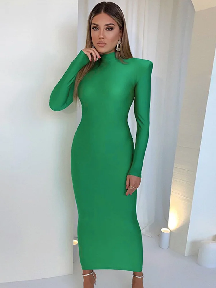 Shoulder Padded Long Sleeve Bodycon Green Party Club Maxi