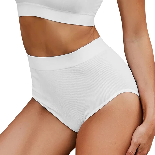 Ribbed Women Panties High Waist Highly Elastic Cotton Solid