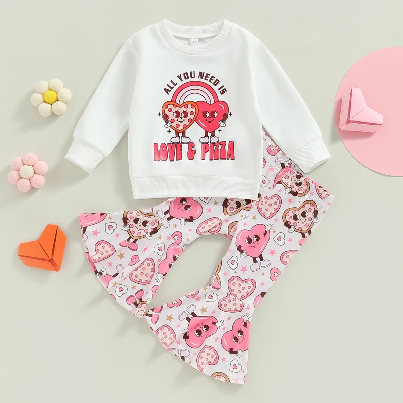 

Kid Toddler Girl Autumn Valentine's Day Clothes Sets Long Sleeve Rainbow Letter Print Sweatshirt + Heart Cookie Flare Trousers