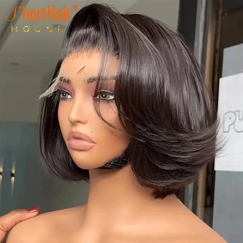 Short Bob Lace Front Human Hair Wigs For Women Brazilian Hair Wavy Pixie Cut Wigs 13x4 Frontal Wigs Layered Style Wigs 4x4 12In