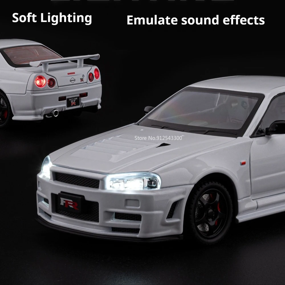 1:24 스케일 GTR-R34 스포츠카 모형 장난감 금속 다이캐스트 사운드 라이트 모델 풀백 충격 흡수 자동차 침실 장식