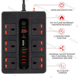 Universal Power Strip with Switch and USB - C Ports, 3000W Capacity, 2M Cord, Overload Protection - US 2pin Power Cord (6AC Black PD20W)