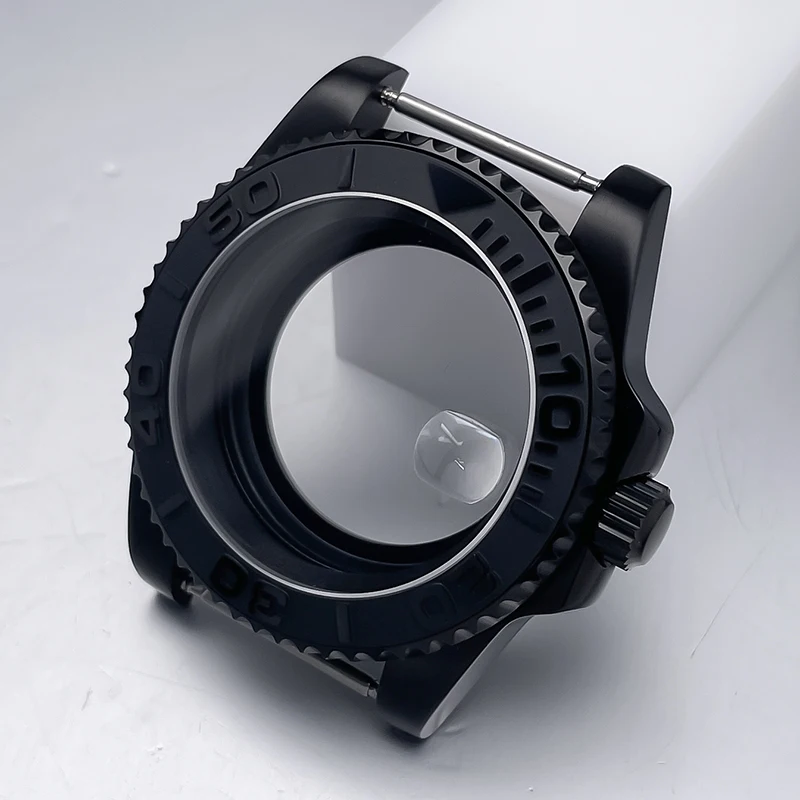 All-Black Sub Style Watch Case with Rubber Strap and Sapphire Crystal