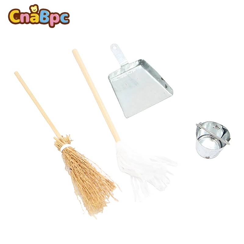 

4Pcs/Set 1/12 Dollhouse Broom Dustpan Mop Metal Pail Dollhouse Mini Cleaning Tool Accessories Dolls House Decor Pretend Play Toy