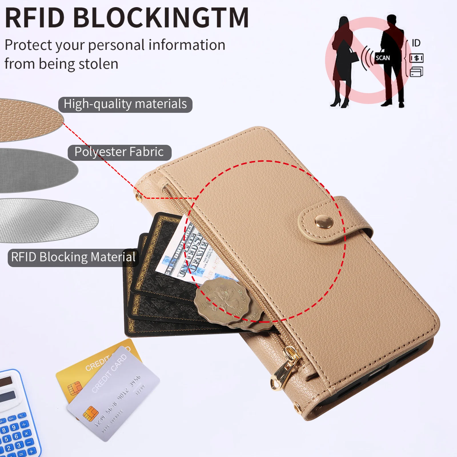 Protective Zipper Wallet Phone Case with Makeup Mirror and Crossbody Bag in Faux Leather
