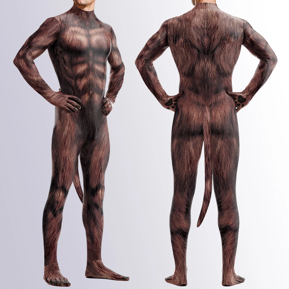 Cosplay Costume Zawaland Animal Wolf 3D Print Petsuit Tail Furry Cosplay Costume Full Cover Crotch Zipper Jumpsuit Men Zentai Bodysuit