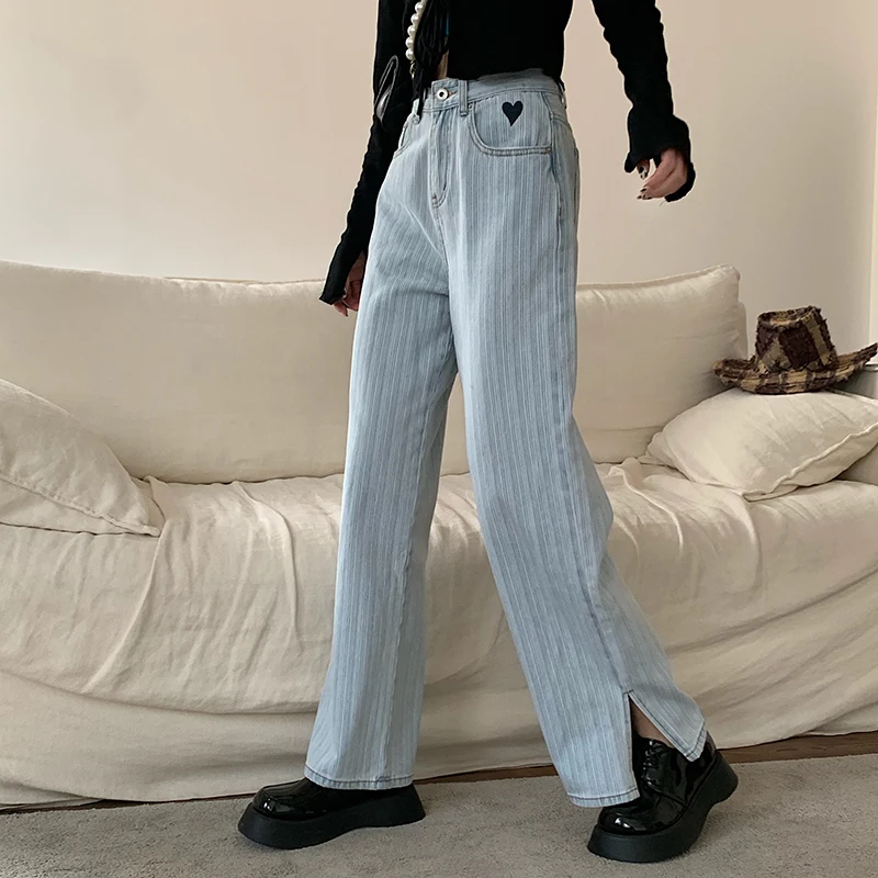 Vertical Striped Jeans Ladies Love Print Side Split Fashion Trousers Y2k Retro Loose Wild Wide-leg Jeans Women Spring 2021 New spring and autumn women 2021 fashion cotton jeans blue retro harlan washed new high waist office ladies casual jeans women