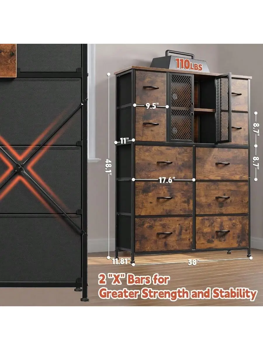 EnHomee Dresser for Bedroom with Mesh Door Tall Dressers and Chests of Drawers with 10 Fabric Drawer Morden Dresser Orga 3