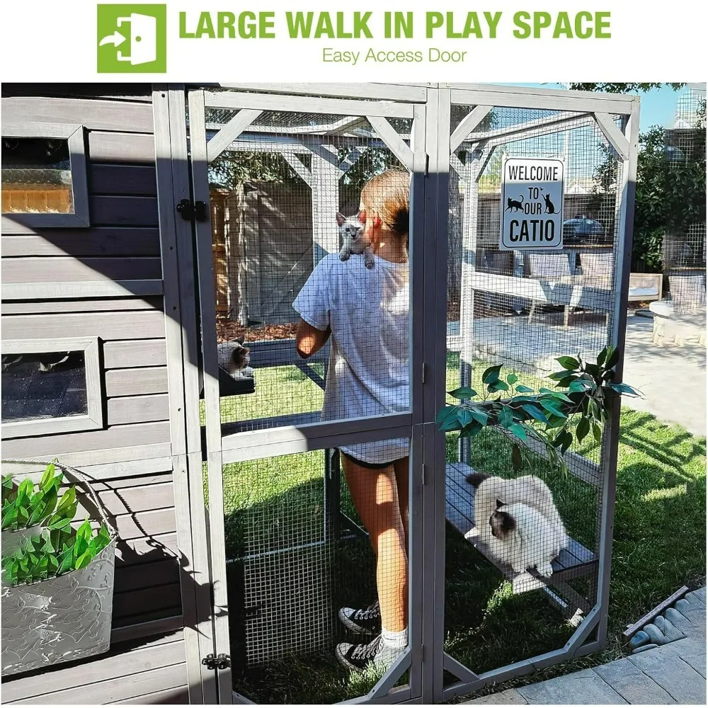 Cat House, Cat Enclosure Outdoor Wooden House Large Catio Vertial Kitten Kennel Cats Cage 4 Tiers 77" L X 36" W X 69" H