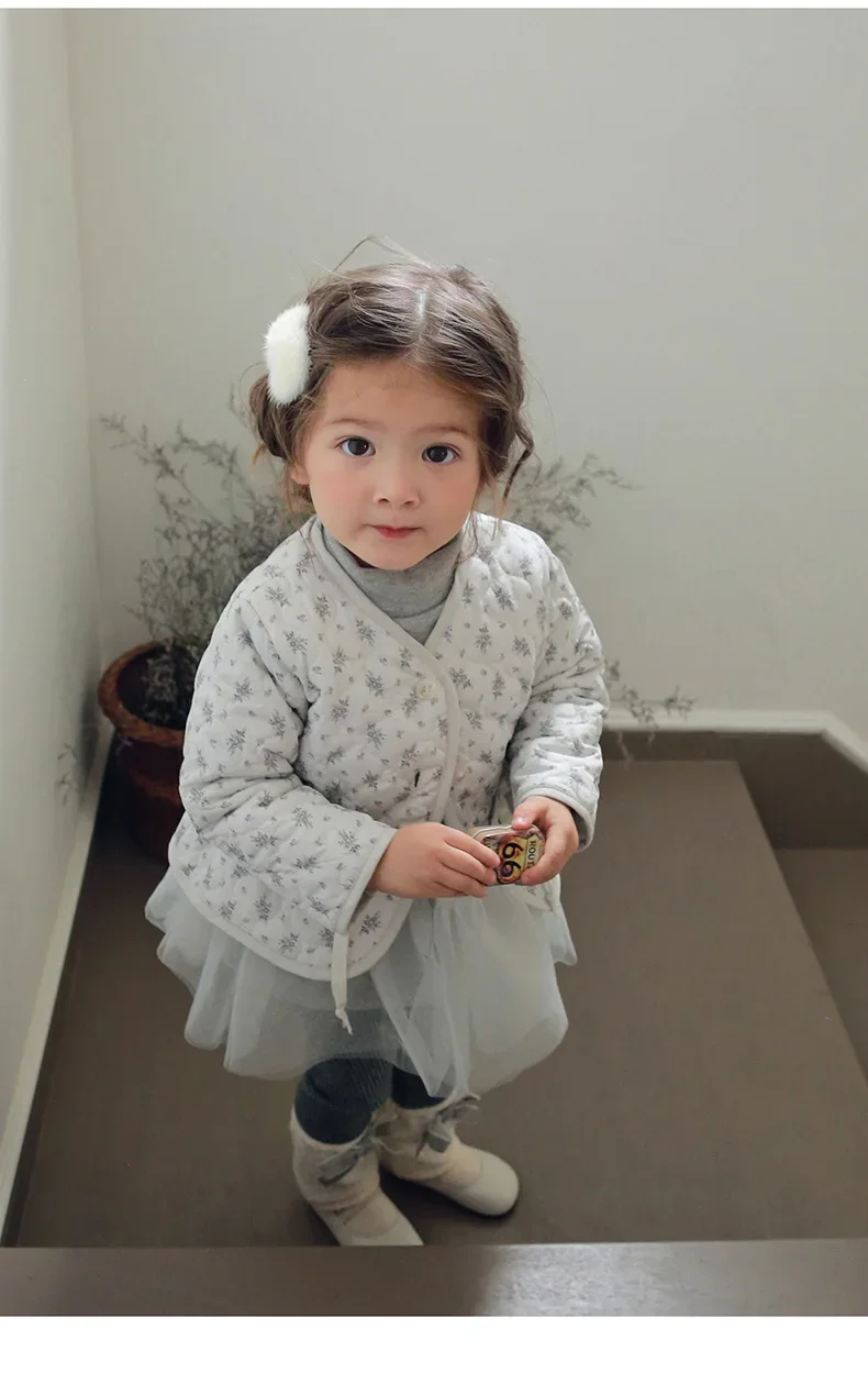 Winter New Girls Cute Print Parkas Fragmented Flowers Waist Children's Cotton Coat