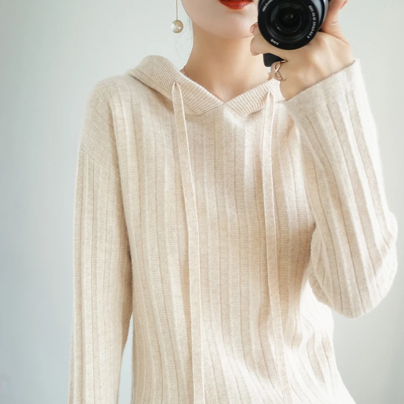 100% Pure Wool New Cashmere Sweater Women's Hooded Collar Solid Color Pullover Fashion Plus Size Warm Knitted Bottoming Shirt cropped cardigan