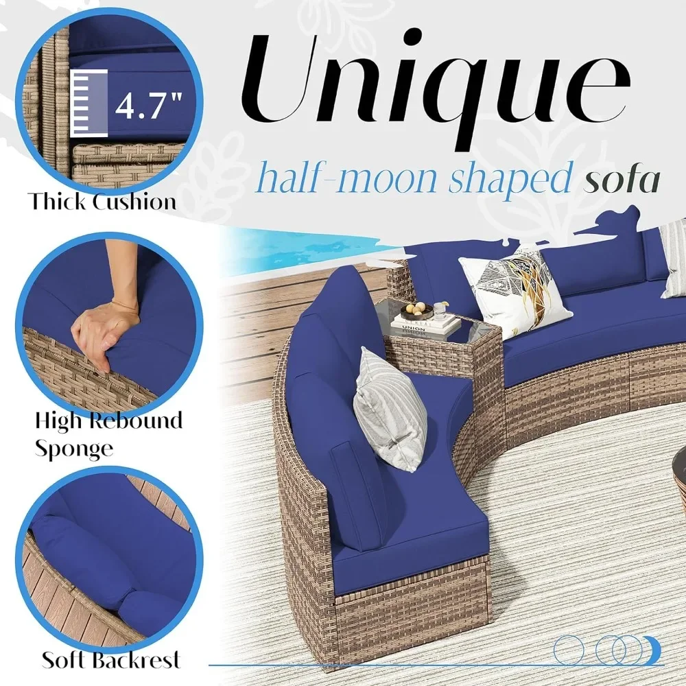 Furniture Sets, 3 Piece Half-Moon Sectional Round Sofa Set, Outdoor Patio Furniture with Cushions for Beach, Pool, Balcony 2