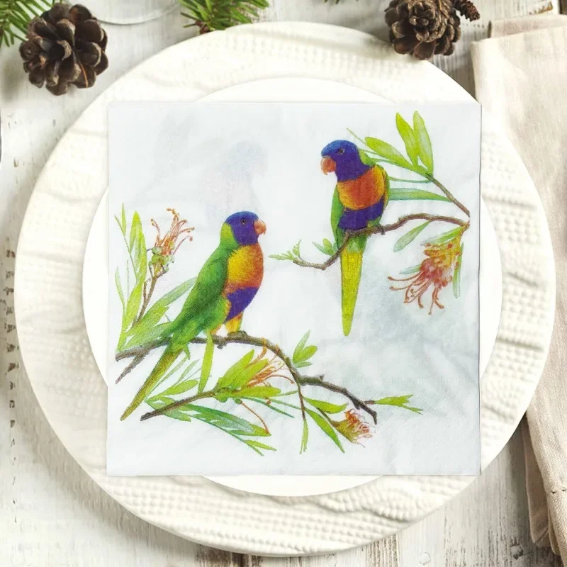 Paper Napkins Disposable Paper Placemats Magpie Branch Double Bird Square Napkin Flower Bird White Background Green Branches Wedding Party Supplies Decoration Placemats