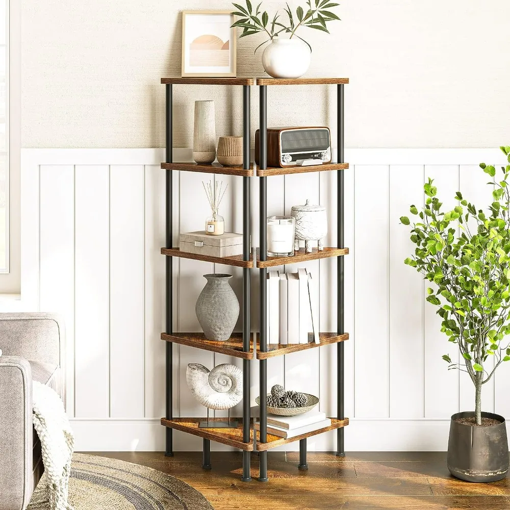 Book Shelf,Industrial 5-Tier Wall Corner Bookshelf with Metal Frame, Stand Display Plant Flower,Corner Bookcase,Rustic Brown
