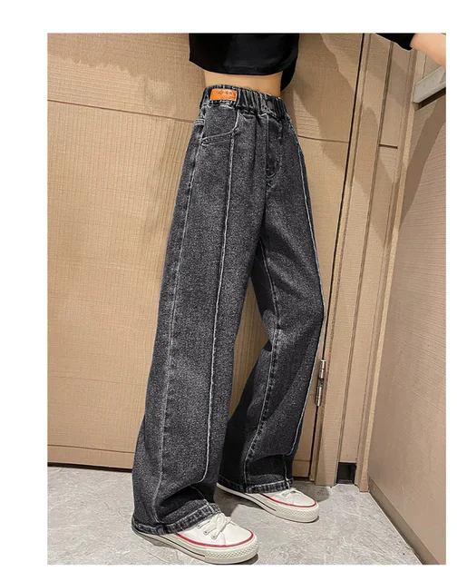 Pantalon Jean Fille Unisexe - Jambes Larges, Taille Haute élastique - Denim Doux - Poches - Taille 6 à 14 Ans - Décontracté Quotidien