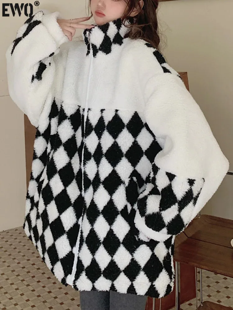 

[EWQ] Vintage Korea Chic Contrast Color Plaid Women Stand Neck Zipper Plush Thick Lamb Wool Coats Casual Wool Blends Jacket Tide