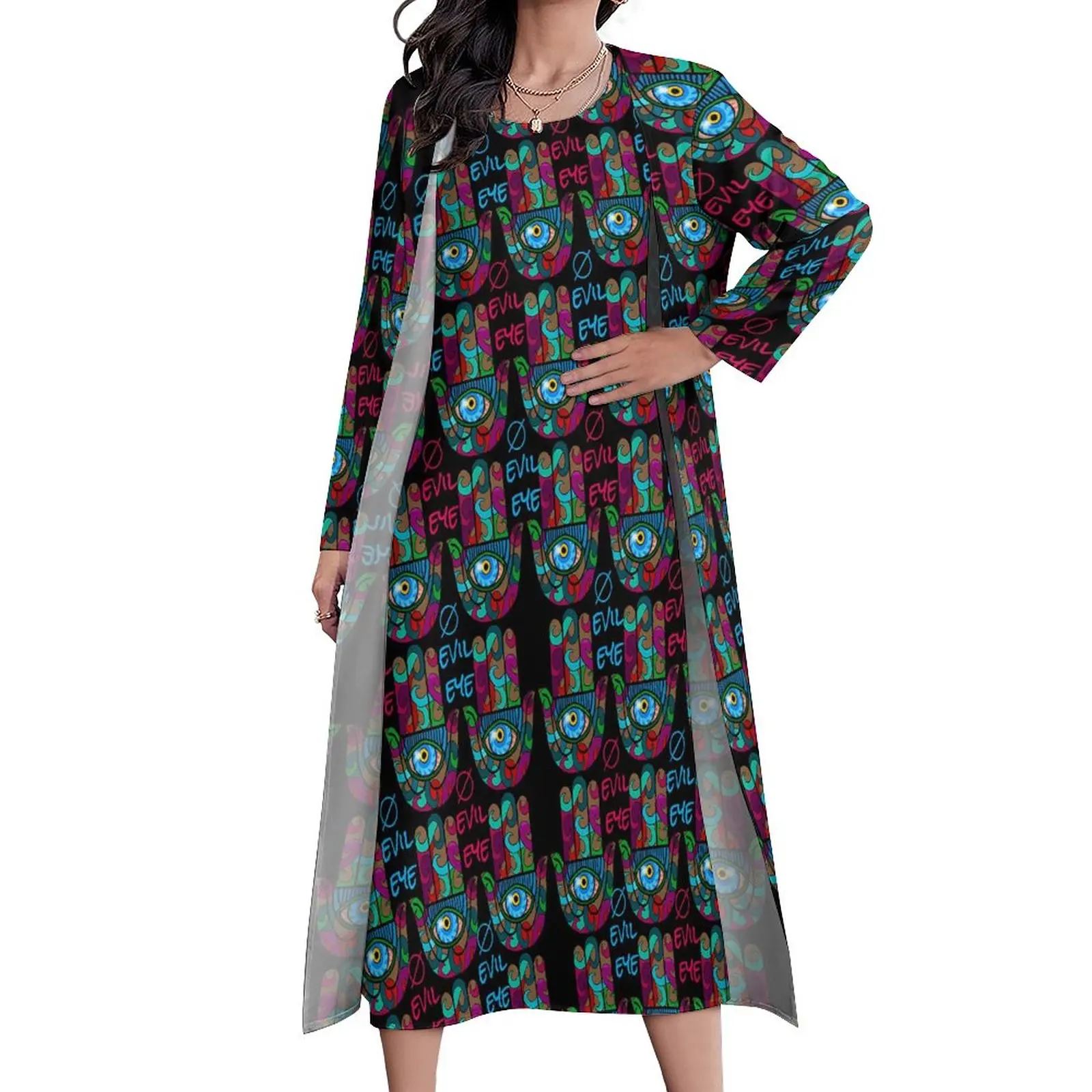 

Colorful Hamsa Hand Dress Summer Evil Eye Print Aesthetic Casual Long Dresses Women Graphic Vintage Maxi Dress 3XL 4XL 5XL